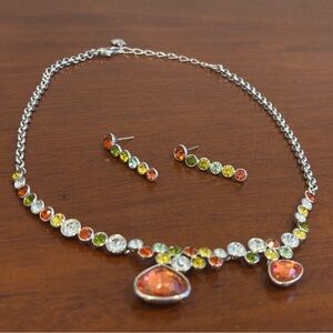 Swarovski Orange Green Crystal Asymmetrical Necklace and Matching Earrings